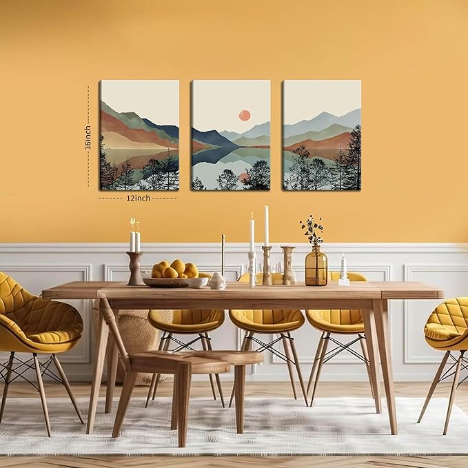 AKWISH Framed Mountain Canvas Wall Art Set of 3, Boho Watercolor Poster Prints