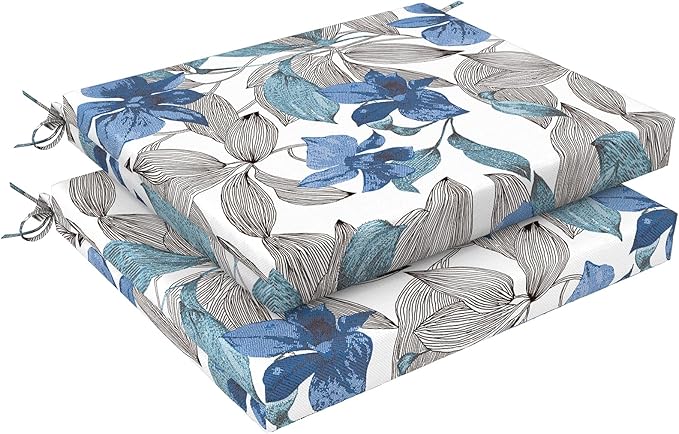 LVTXIII Outdoor Chair Cushions 18.5"x16"x2" Pack of 2, Water-Repellent Square Corner Memory Foam Seat Cushions with Ties for Garden Patio Furniture, Clemens Noir Blue
