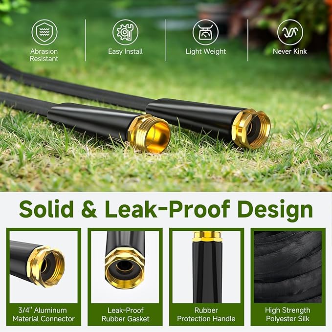 Garden Hose 50 FT, Non-Expanding Lightweight High-Pressure Water Hose with 10 Spray Nozzle, Portable No Kink Flexible Garden Hoses Pipe for Outdoor, Lawn, Yard, Car, House(500 PSI Max, 3/4" GHT)