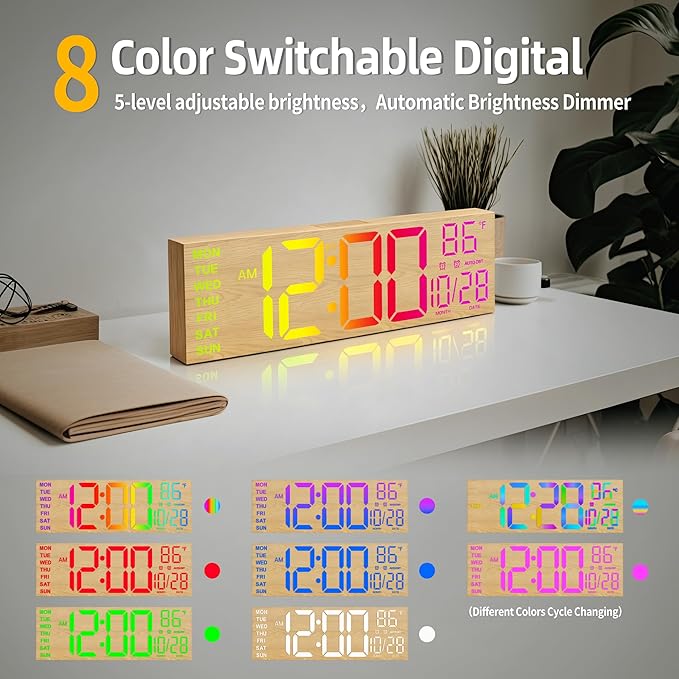 HAITANG 16.2" Large Digital Clock， 8 Colors Decorative Wood Wall Clock