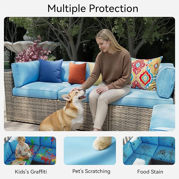 Aoxun 14pcs Patio Cushion Covers Replacement, Waterproof Outdoor Furniture Cushion Covers with Zipper and Non-Slip Bottom, Patio Sofa Couch 3 Sizes for Patio Sectional, Covers Only (Sky Blue)