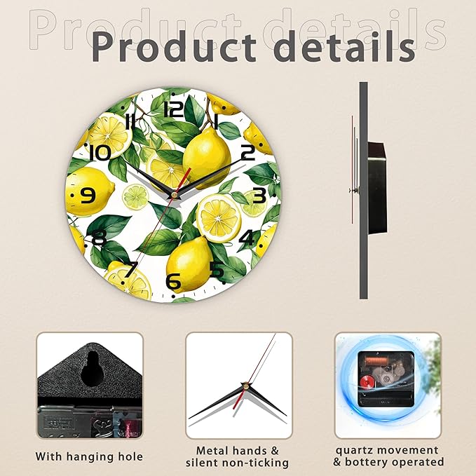 Wall Clock, Watercolor Lemon Wall Clock Silent Non-Ticking Battery Operated