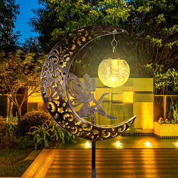 Solar Garden Lights Outdoor Decor,Moon Fairy Crackle Glass Lights,Waterproof Warm White LED Metal Stake Ornament,for Walkway Backyard Patio Lawn Pathway Decorations-Unique Gift Ideas for Gardening