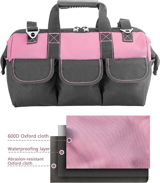 Garden Tools Bag 16inch Wide Mouth Women's Tool Bag with Molded Base and Plastic-Padded, Inside Pockets for Tool Storage,600D polyester fabric (Pink color)