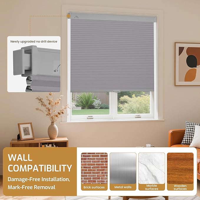Grandekor No Drill No Tools Cordless Cellular Shades, UV Protection Privacy No
