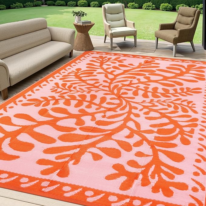 Anidaroel 8x10 Outdoor Rug for Patios Clearance, Waterproof Camping Rug for Outside RV, Reversible Plastic Straw Outside Rugs, Large Outdoor Area Rug for Garden, Camper, Pool Deck(Orange,8âx10â)