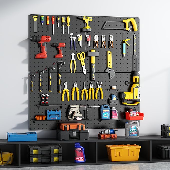 Peg Board, Total 32” x 32”, 4 Pack Black Peg Board Panels, 50lbs Load Capacity