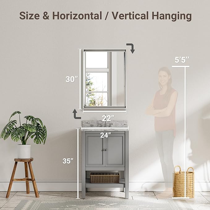 Silver Bathroom Mirror, 22x30 Inch Beveled Rectangle Wall Mounted Mirror
