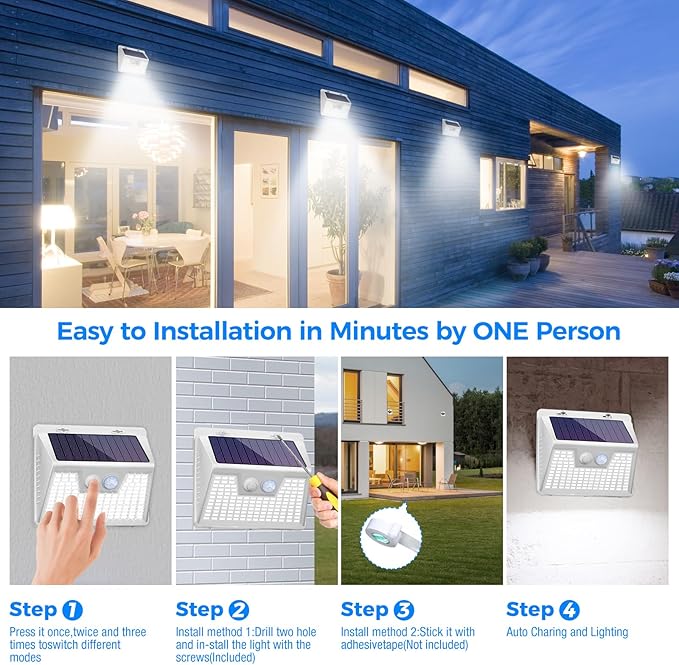 Peasur Solar Lights Outdoor Waterproof [12 Packs/140 LEDs], 3 Lighting Modes Motion Sensor Ultra Bright Security Lights for Outside Fence Patio Deck[White]