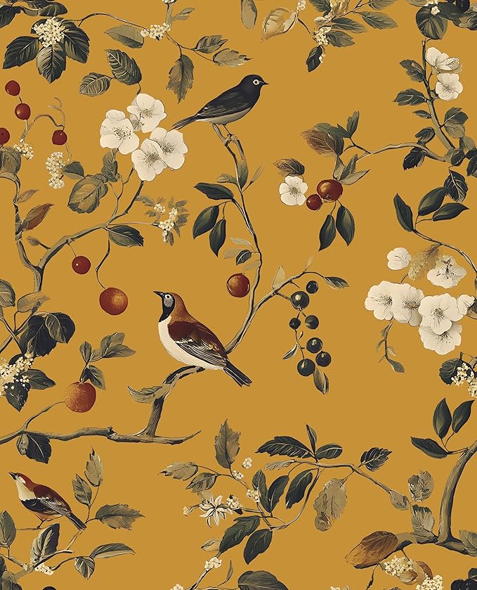 Laatse Vintage Bird Wallpaper 17.5"x393" Yellow Chinoiserie Floral Wallpaper