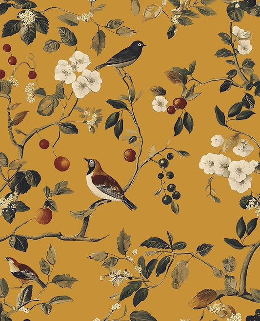 Laatse Vintage Bird Wallpaper 17.5"x393" Yellow Chinoiserie Floral Wallpaper