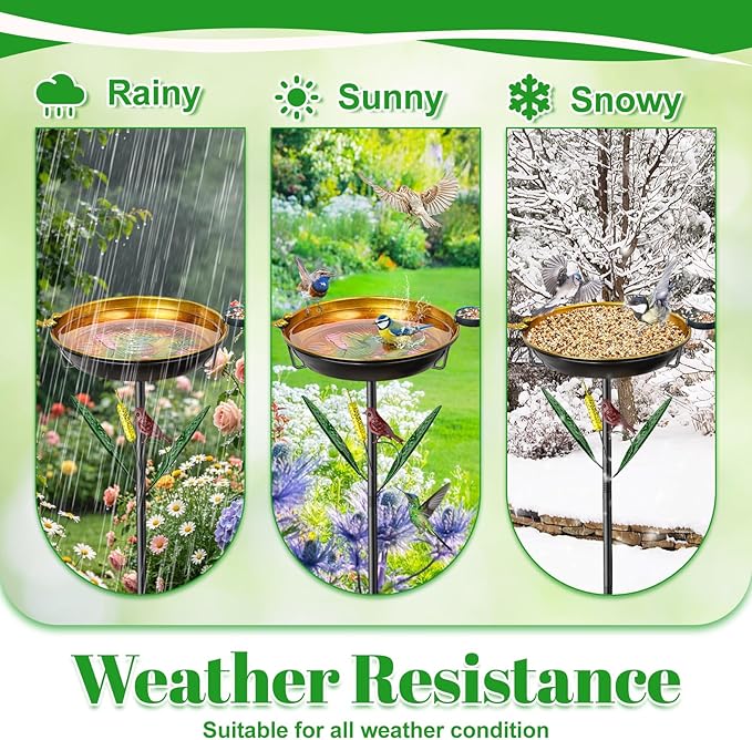 2-in-1 Bird Baths for Outside, 11.8” Diameter x 2” Deep Metal Removable Bird Feeder Water Bowl with Upgraded 5 Prongs Base, 33.5" Freestanding Garden Birdbaths for Outdoors Patio Yard Lawn Art Decor
