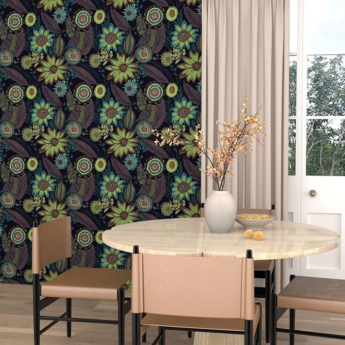 Vintage Boho Wallpaper Peel and Stick, Dark Purple/Green Gothic Floral Contact