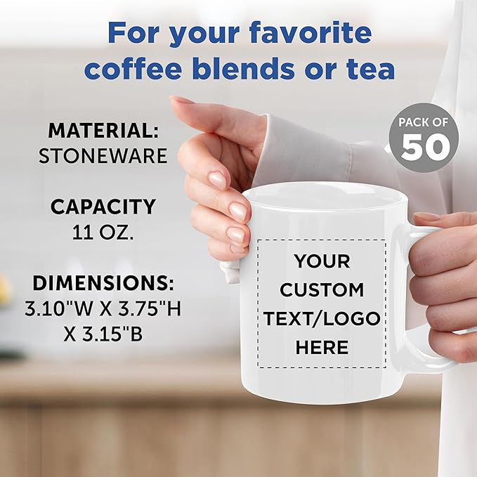 Custom Ceramic Coffee Mugs 11 oz. Set of 50, Personalized Bulk Pack - Coffee cup set, Iced coffee cup, Gaming mug - White
