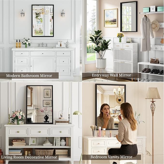 Syndra Black Wood Frame Bathroom Mirror, Waterproof Slim Deep Frame,