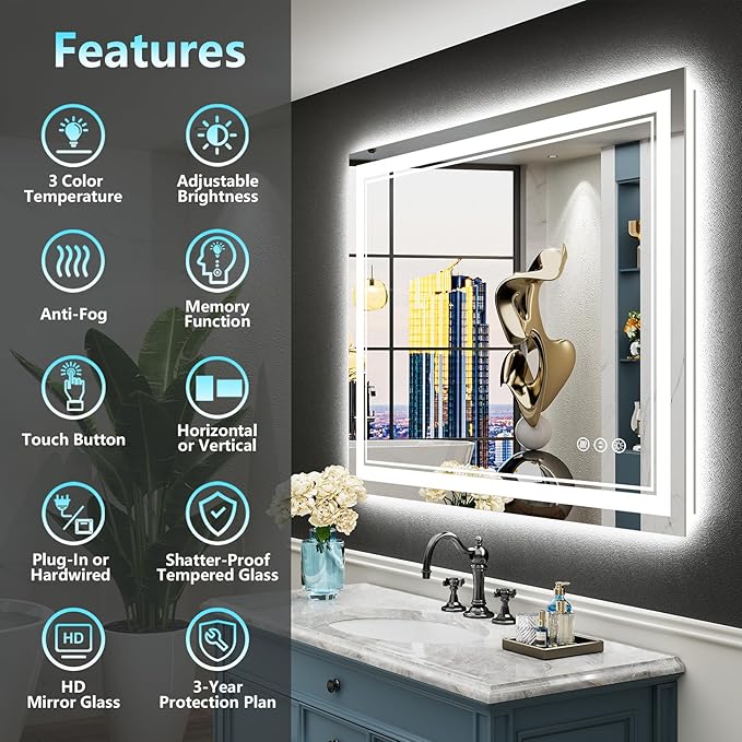 30x36 LED Bathroom Mirror with Lights, Backlit and Front Lit Anti-Fog Lighted