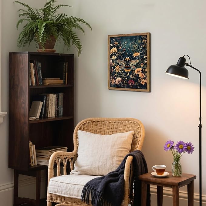 Vintage Framed Wall Art Bee Canvas Prints, Dark College Animals Flowers Wall