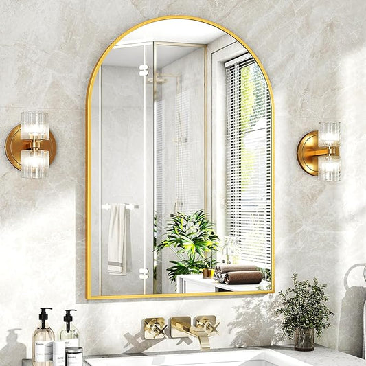 XRAMFY 24"x36" Gold Arched Bathroom Mirror