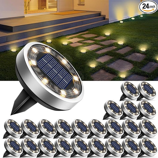 btfarm 24 Pack Solar Lights Outdoor, 8 LED Solar Ground Lights IP65 Waterproof Flat Solar Disc Light, Pathway Lights for Garden Lawn Patio Yard Path Landscape, Warm White