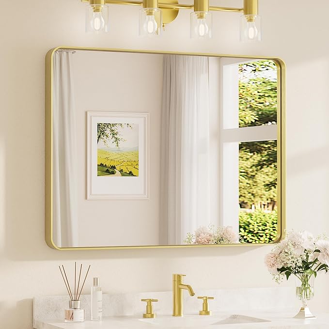 TETOTE 40 x 30 Inch Gold Bathroom Mirror, Brushed Brass Metal Frame Mirror