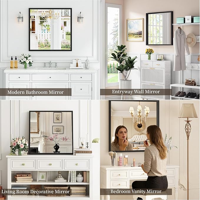 Syndra Square Black Wood Frame Bathroom Mirror, Waterproof Slim Deep Frame