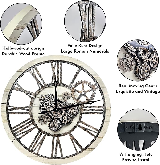 The B-Style Large Real Moving Gears Wall Clock 30 inch Rustic Retro Industrial