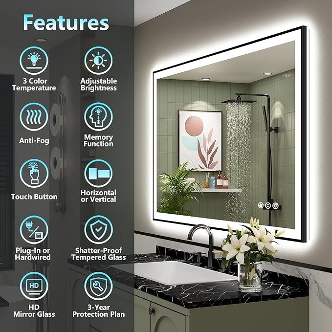 40x38 Black Framed LED Bathroom Mirror