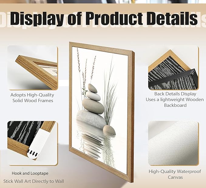Wooden Frame Zen Stone Canvas Wall Art, Stacked Stones in Water Poster Print.