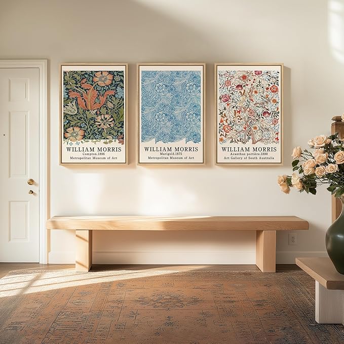 Framed William Morris Wall Art Set of 3, Large Vintage Floral Botanical Canvas
