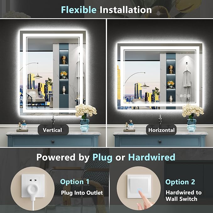 24x30 LED Bathroom Mirror with Lights, Backlit and Front Lit Anti-Fog Lighted