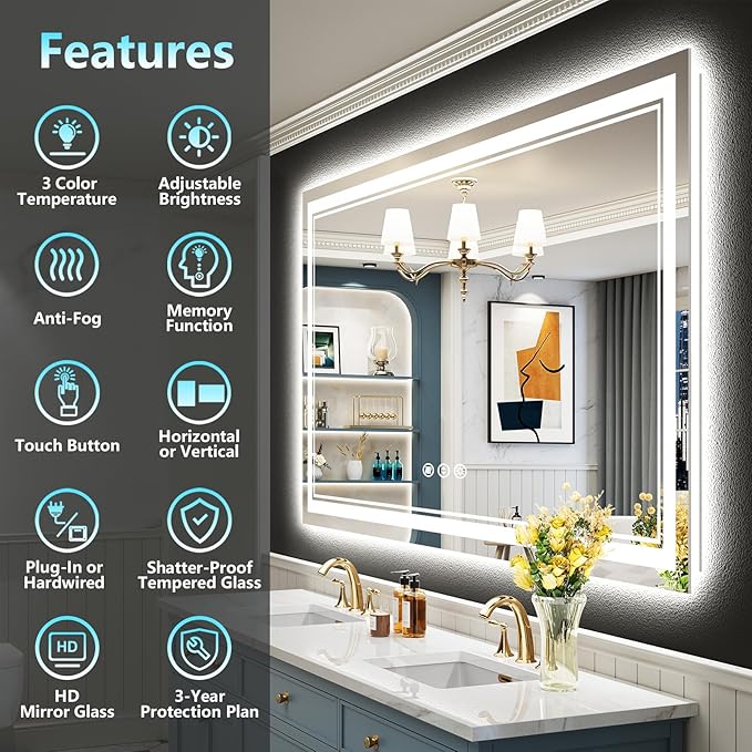 50x40 LED Bathroom Mirror with Lights, Backlit and Front Lit Anti-Fog Lighted