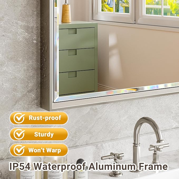 60 x 36 Brushed Nickel Bathroom Mirror, Beveled Framed Rectangle