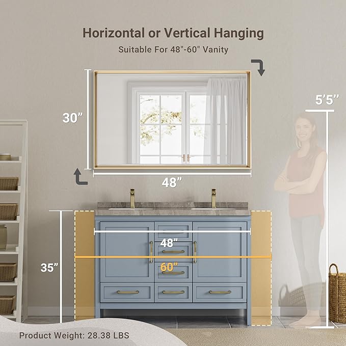48 x 30 Gold Bathroom Mirror, Brushed Gold Beveled Bathroom Mirror,