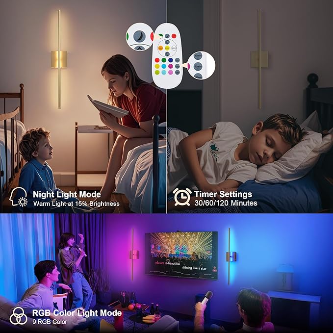 KARTOOSH 28.3 Inch 9 RGB Color Battery Operated Wireless Wall Sconces Set of Two