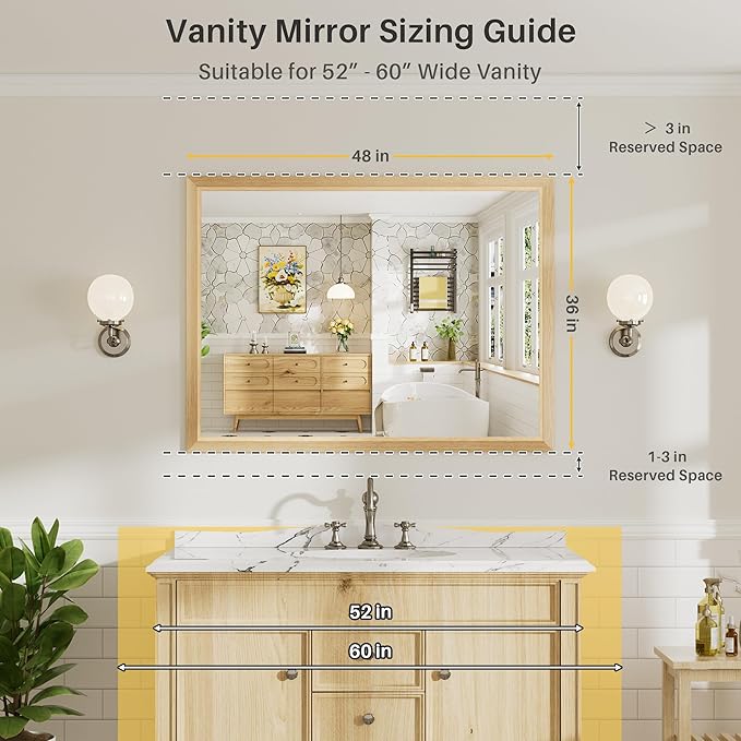 48x36 Inch Bathroom Mirror for Wall, Anti-Rust Oak Wood Grain Metal Framed