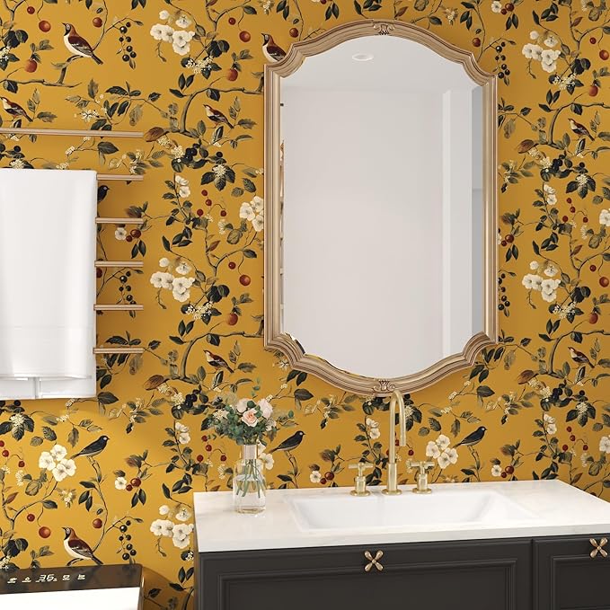 Laatse Vintage Bird Wallpaper 17.5"x118" Yellow Chinoiserie Floral Wallpaper