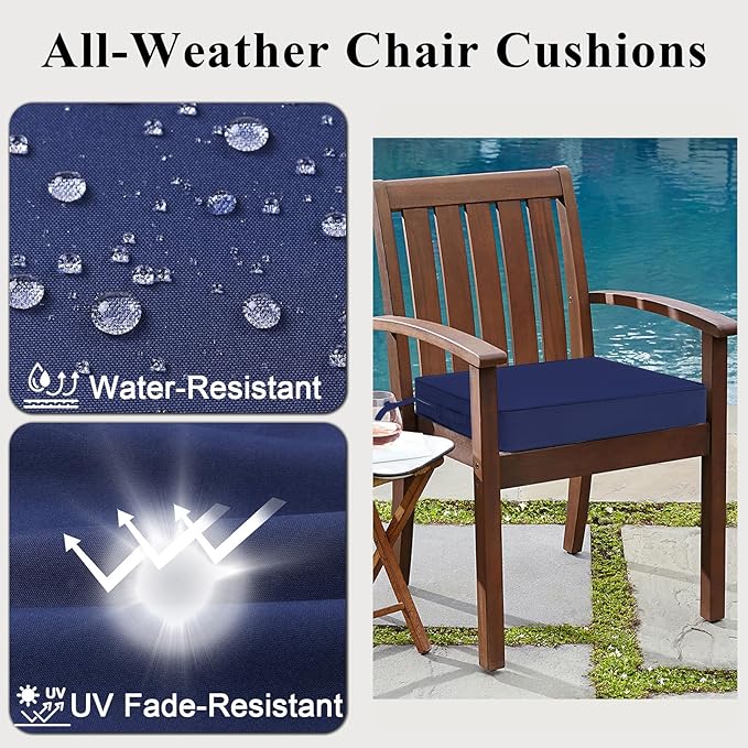 Outdoor Chair Cushions 24x24x4 Inch, Waterproof Blue Patio Furniture Cushions Set of 2 with Ties & Handle, 3 Year Color Fastness Square Replacement Seat Cushions for Sofa, Couch