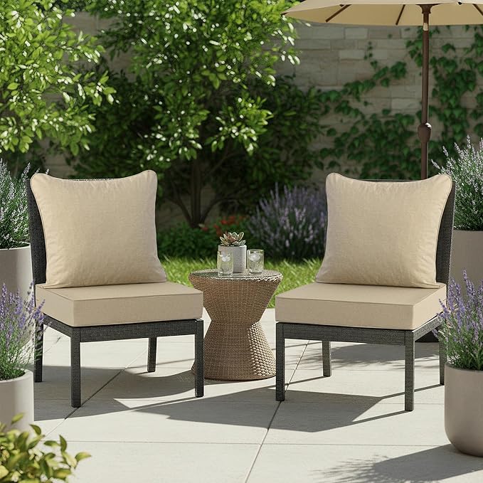 Summsun Outdoor Chair Cushions Set of 2, Faux Linen Patio Furniture Cushions, Water Resistant Backrest and Deep Seat Cushion Set with Straps, Removable Cover, Non-Slip Bottom, 22 x 22 Inch, Nature