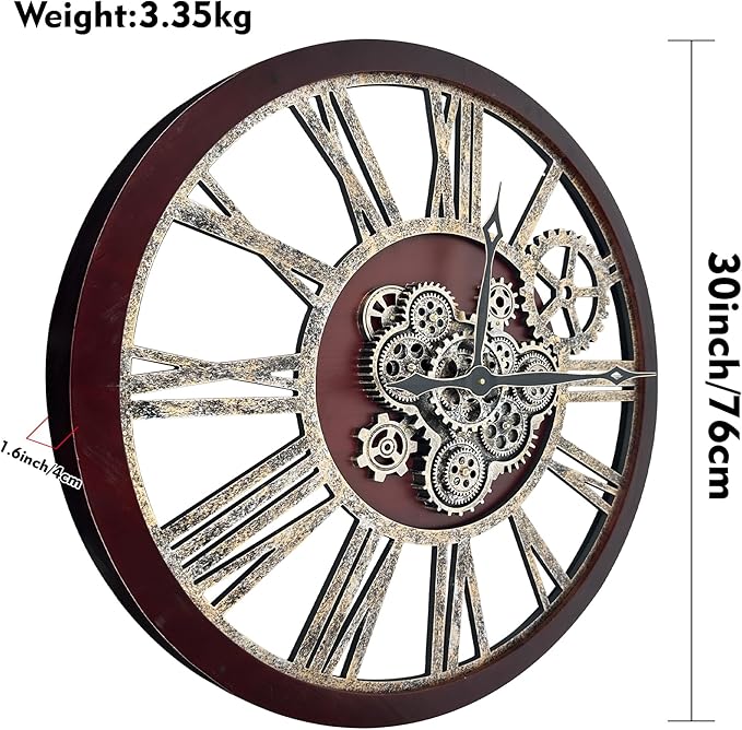 The B-Style Large Real Moving Gears Wall Clock 30 inch Rustic Retro Industrial