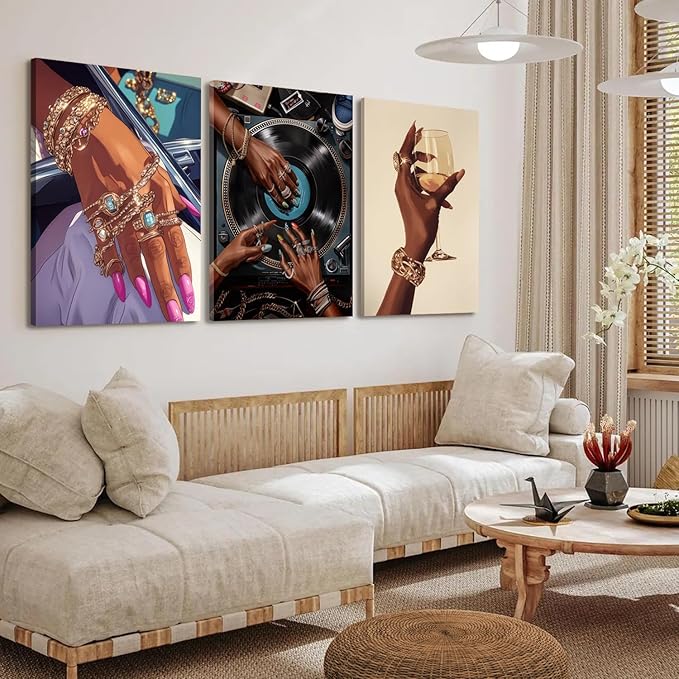 YFvrPt Black Woman Wall Art Set of 3, Trendy African American Women Wall Decor