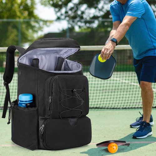 Goburos Pickleball Paddle Backpack for 4 Rackets with Fence Hook, Pickleball Equipment Bag with Shoe Compartment for Men Women, Black