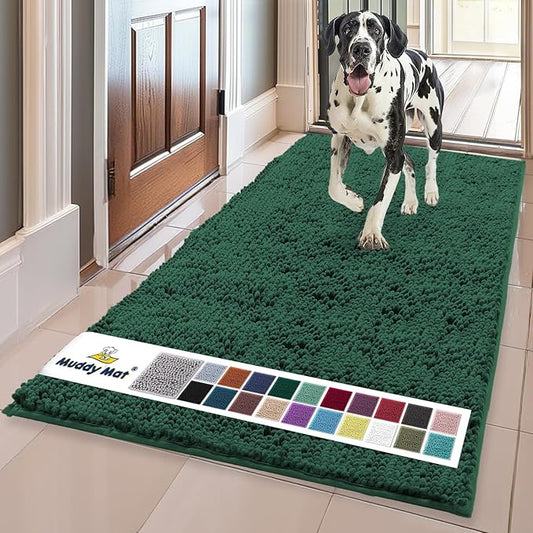 Muddy MatÂ® | Super Water Absorbent Door Mat Indoor, Microfiber Quick Dry Chenille Entryway Rug,Slip Resistant Front Door Mat,Indoor Mats for Entryway,Machine Washable Pet Rug, Dark Green 24" x 120"