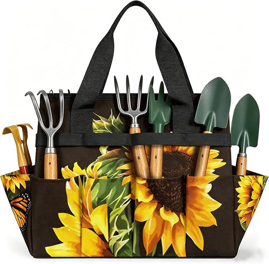 Butterfly Sunflower Funny Garden Tool Bag Waterproof Gardening Tool Storage Bag with Handle & 10 Pockets Gardening Tote Bag for Women Garden Tool Organizer
