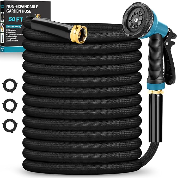 Garden Hose 50FT Non-Expanding, Lightweight Hose With 10-Function Nozzle, Leak-Proof, No-Knot, Easy to Carry, Wear-Resistant, Sturdy 3/4GHT Flexible Water Hose for Yard Garden Outdoor