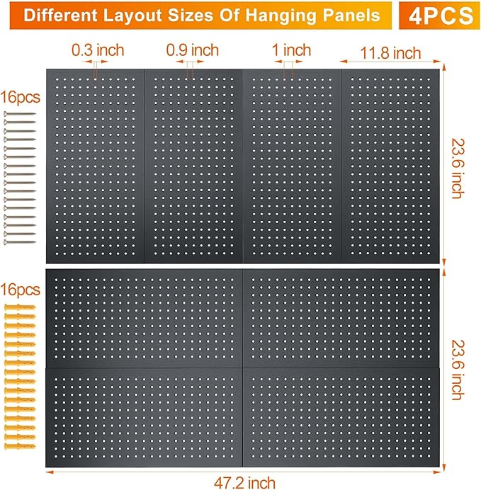 Metal Pegboard Panels,Wall Panels, Heavy Duty Peg Boards for Garage and Garden Tool Storage, Includes Drywall Anchors and Screws Kits, Black