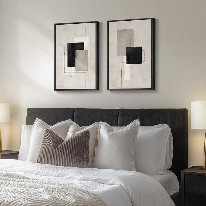 Framed Neutral Abstract Wall Art Set of 2, Minimalist Block Lines Pictures