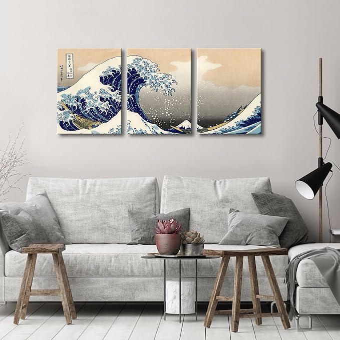 Wieco Art Great Wave of Kanagawa Katsushika Hokusai 3 Piece Modern Canvas