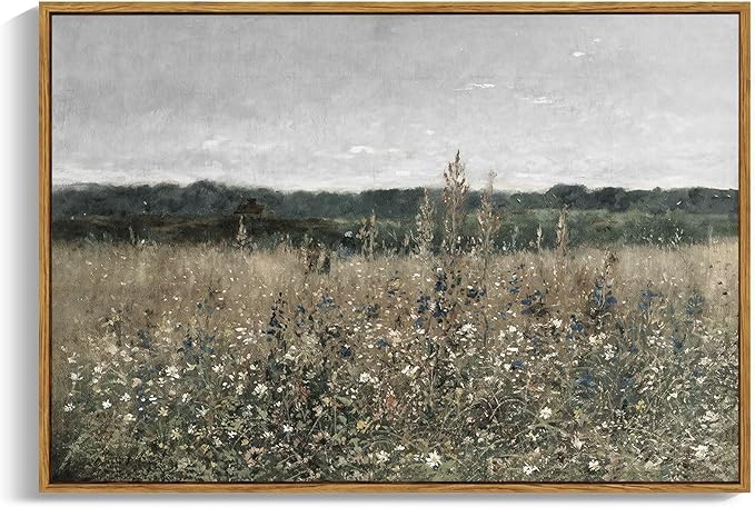 OIQArtOIQ Vintage Framed Wall Art Wildflower Field Meadow Canvas Art Prints
