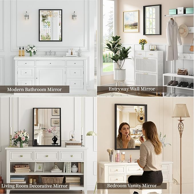 Syndra Black Wood Frame Bathroom Mirror, Waterproof Slim Deep Frame,
