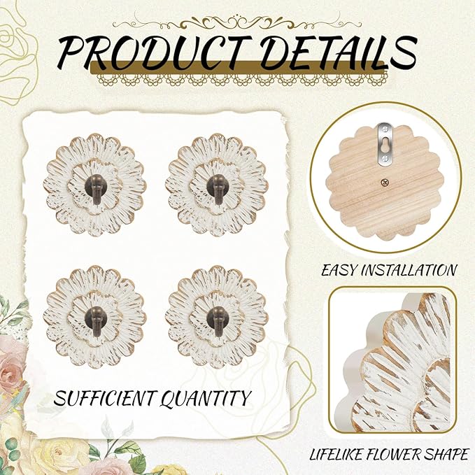 Weysat 4 Pcs Vintage Hooks for Wall Wood Farmhouse Towel Hooks Shabby Chic Wall